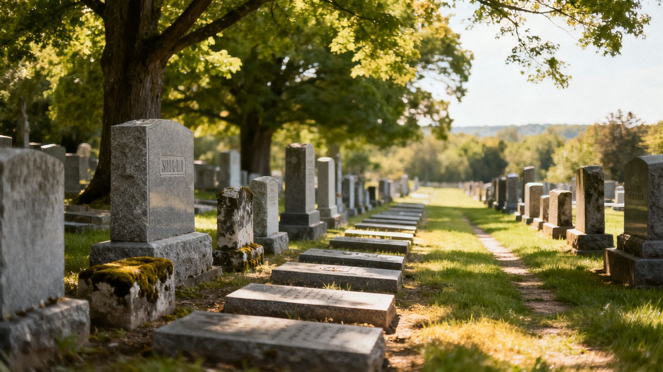 Cemetery landscape with various headstone styles