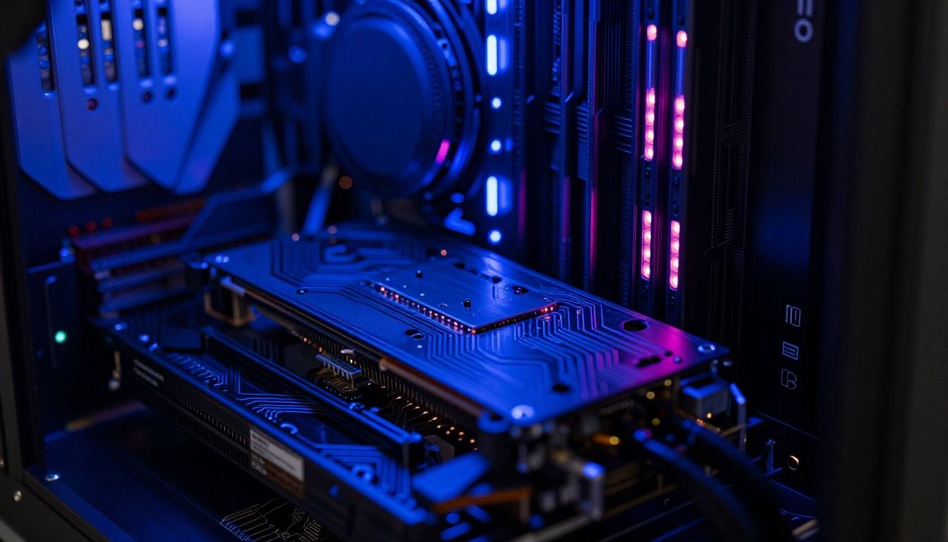 Um close detalhado de um processador de console exposto, mostrando circuitos elétricos brilhantes e luzes azuis que destacam o poder do hardware moderno.