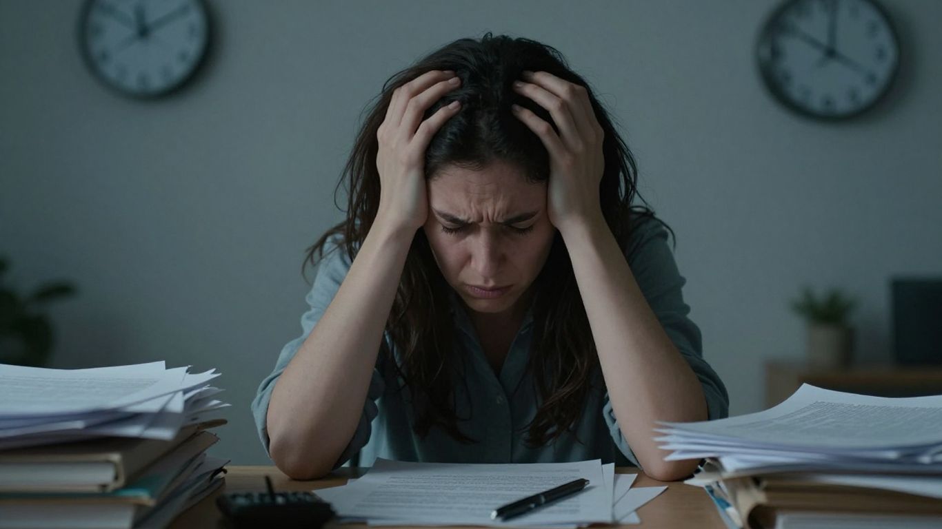 Pessoa estressada no trabalho com papéis e relógio.