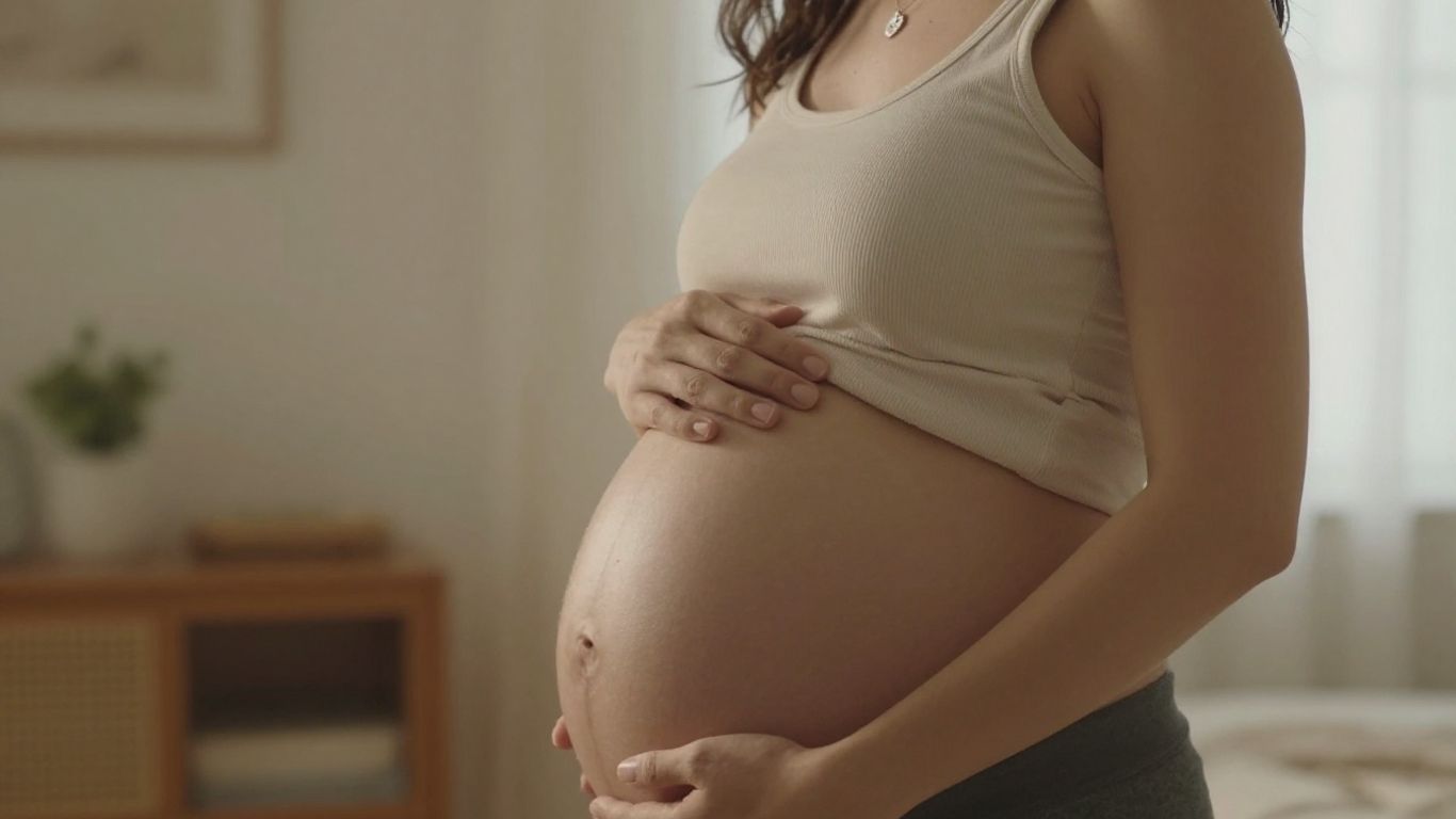 Pregnant woman holding her belly, serene atmosphere.