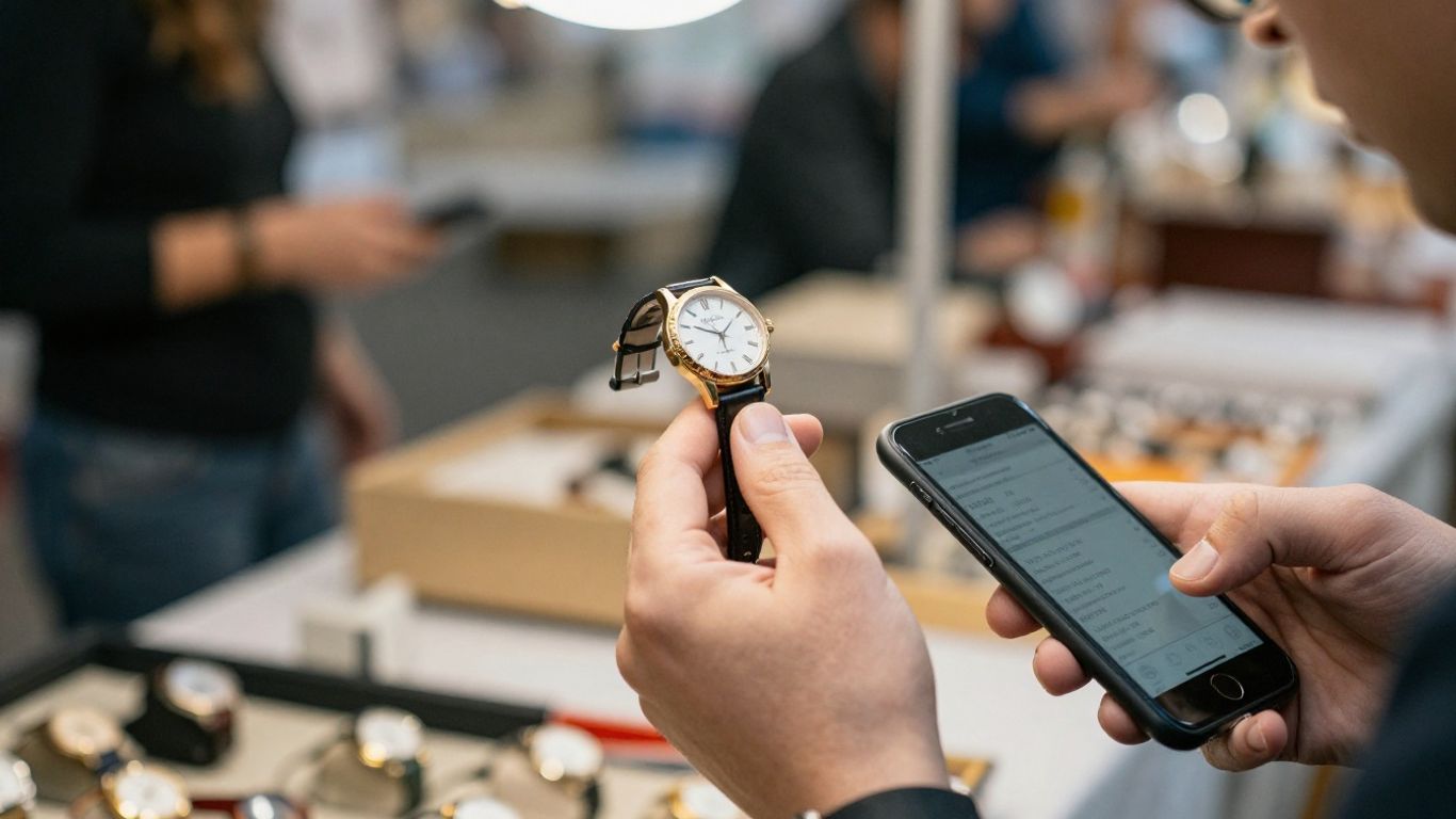 Person checking secondhand watch price on phone