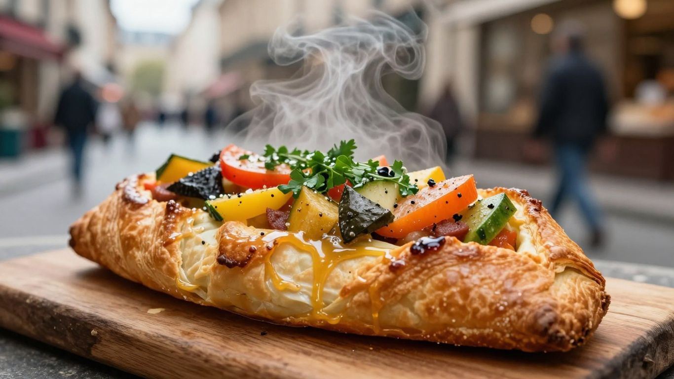 Savory French street food pastry with colorful filling.