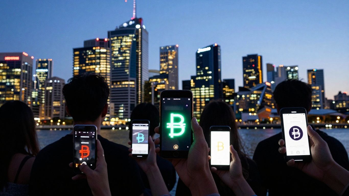 Australian cityscape with glowing money symbols on phones.