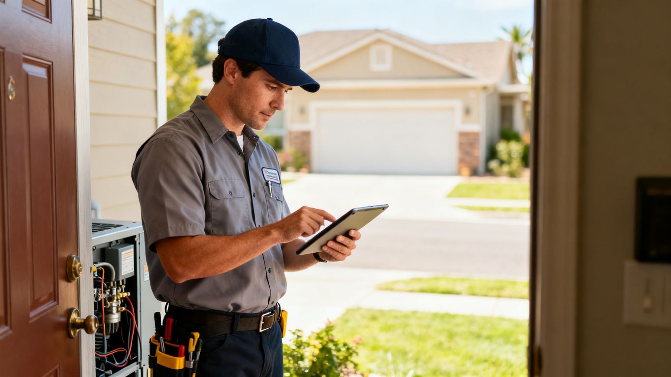 Technician operating tablet at outdoor customer site