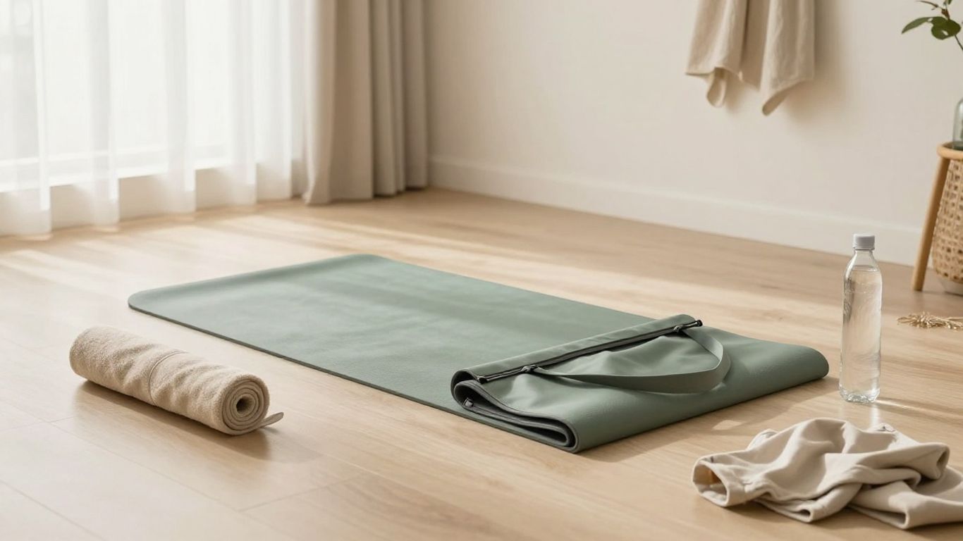 Foldable yoga mat beside an open travel bag