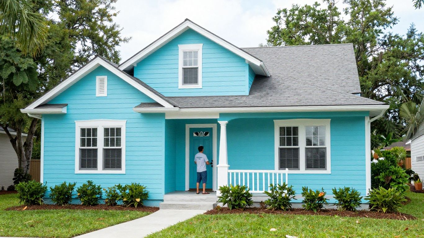 Freshly painted house exterior in Orlando with landscaping.
