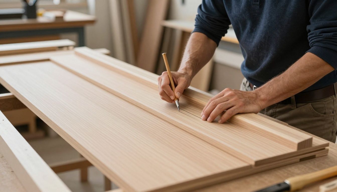 A skilled carpenter carefully assembling a custom cabinet door in a well-lit woodshop