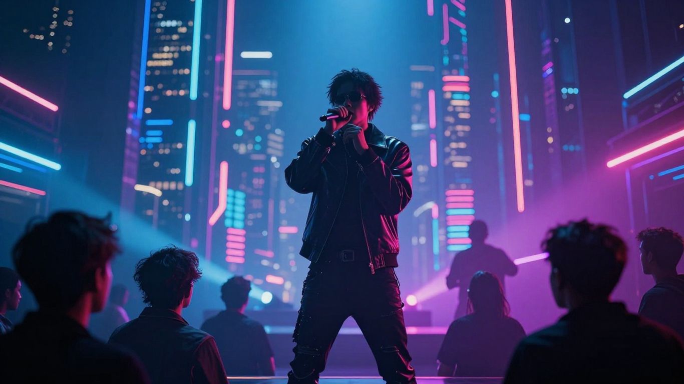 A futuristic, vibrant music video scene