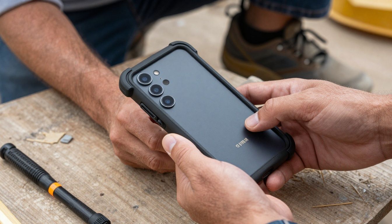 A tradie on a construction site in Australia, checking their Samsung Galaxy S25 FE which is protected by a rugged, dark-coloured case.