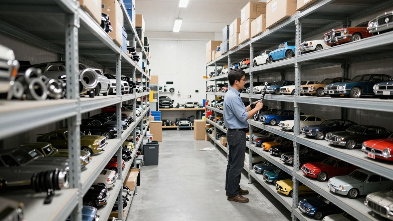 A customer browsing through neatly organized auto components in a daylight salvage yard setting
