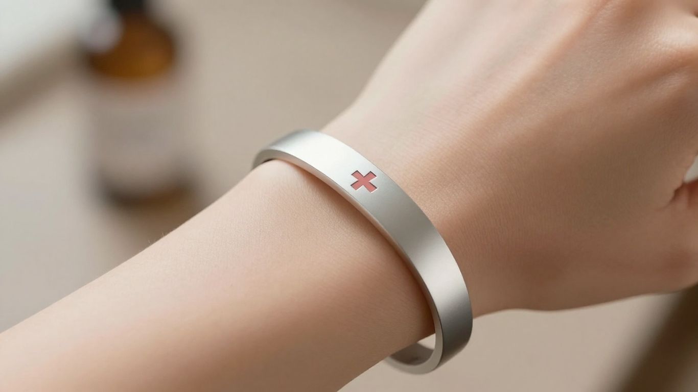 Medical alert bracelet on a woman's wrist.