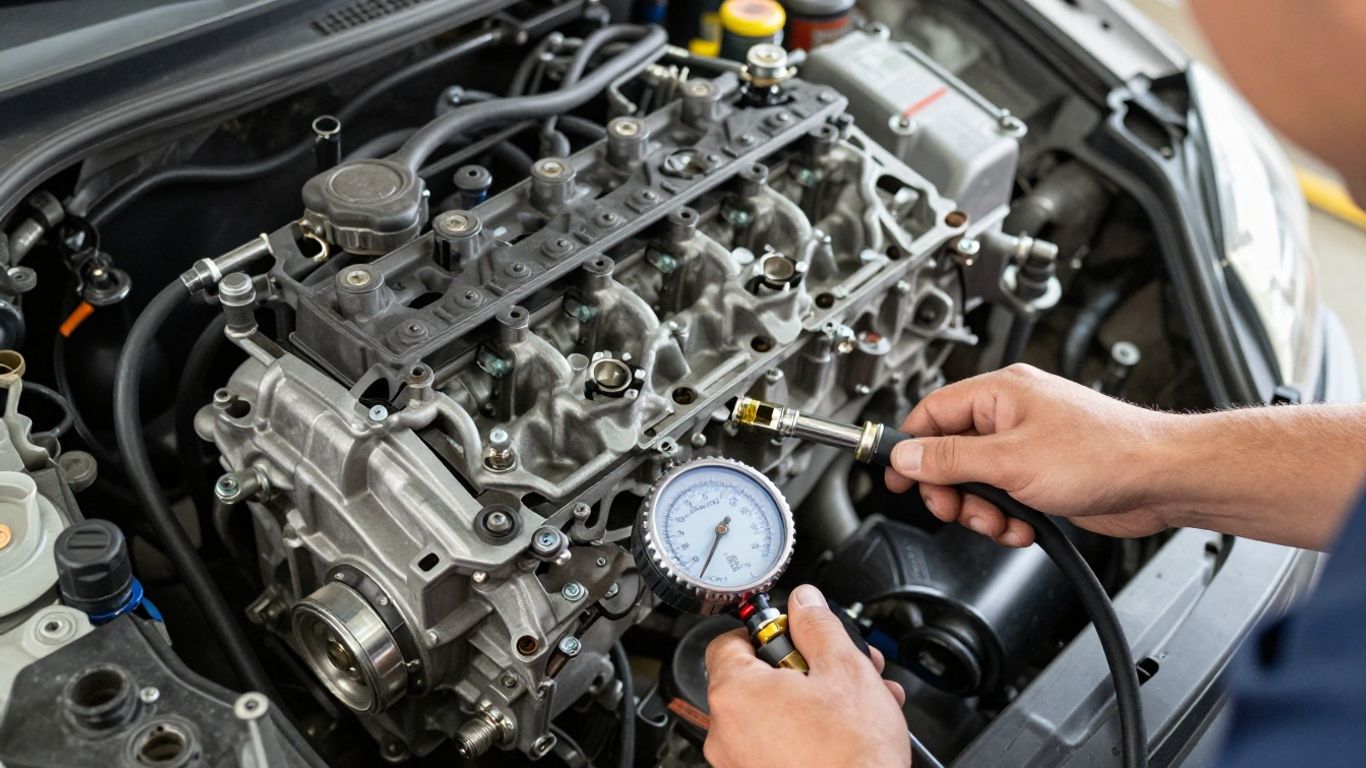 Mechanic checking an engine with a compression gauge