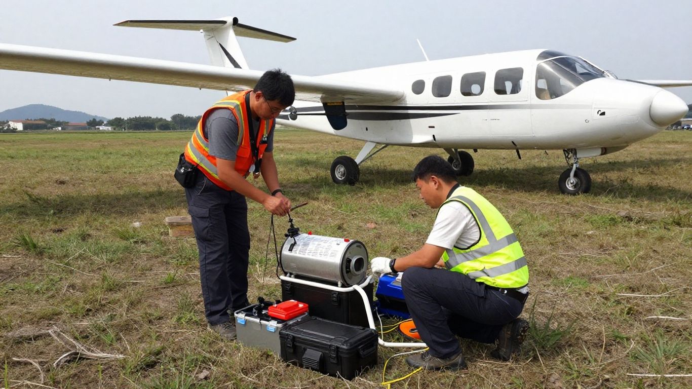 Survey crew preparing a VTOL aircraft at a rural launch site