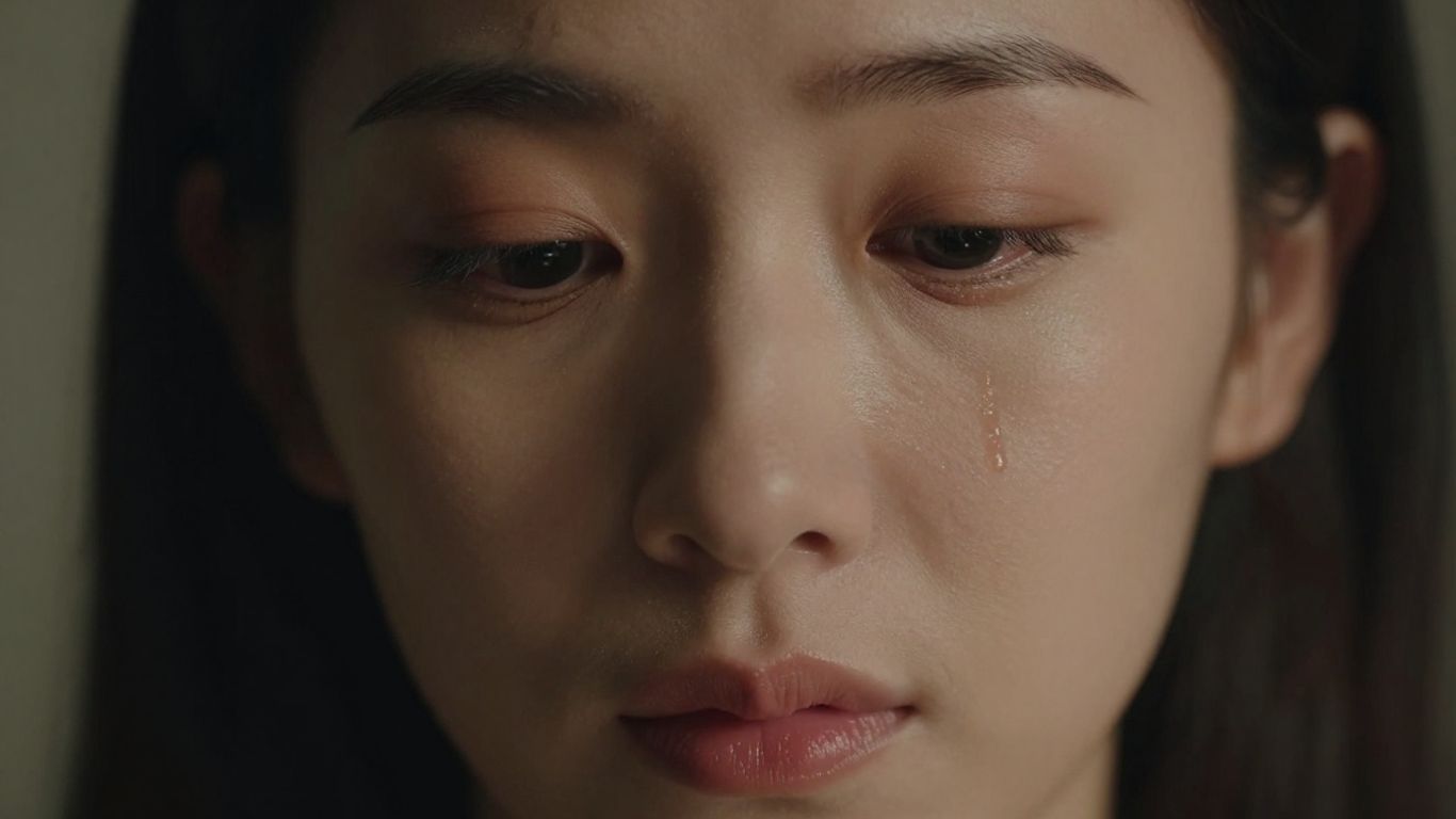 Character's emotional face in dramatic lighting.
