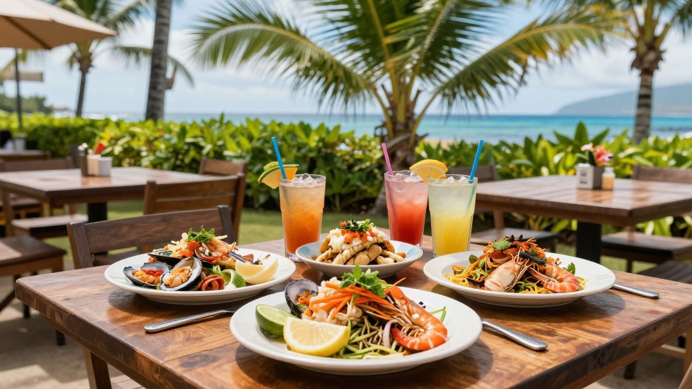 Coconut's Fish Cafe happy hour seating with food and drinks.