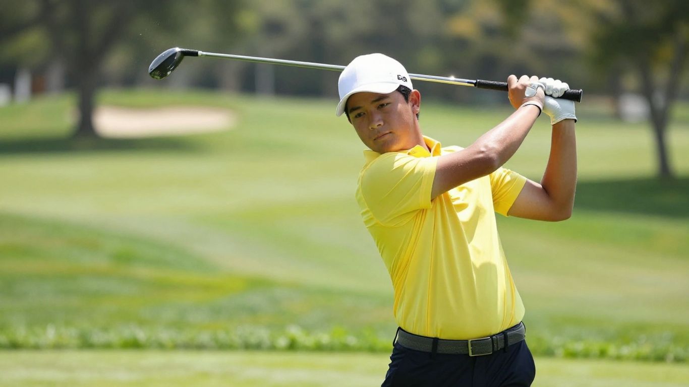 Junior golfer swinging club on a sunny golf course.