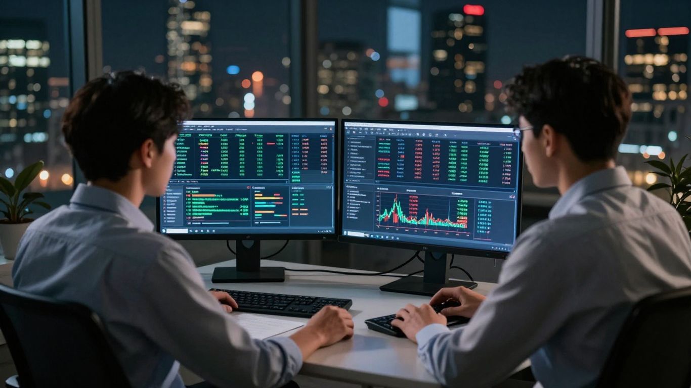 Businessperson tracking forex, crypto, and stocks at night