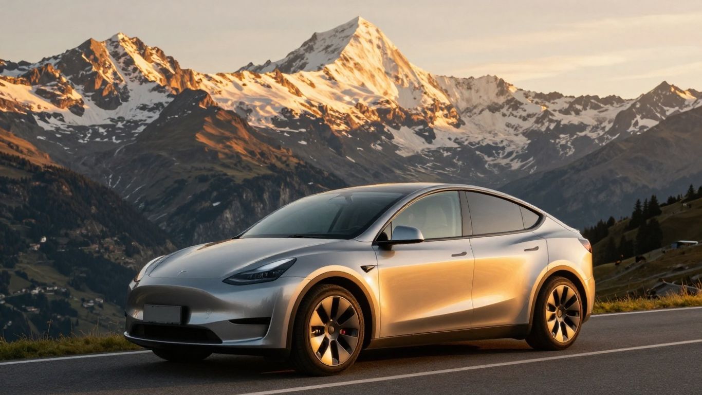 Tesla Model Y auf Schweizer Bergstraße bei Sonnenuntergang.
