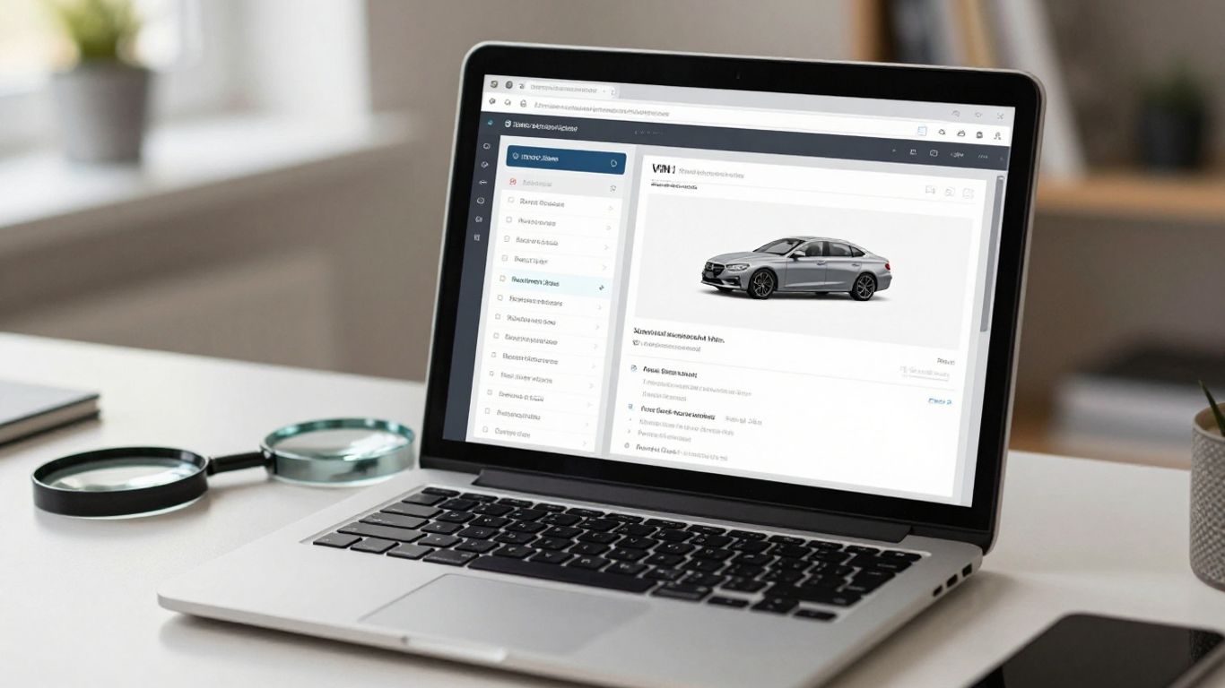 Laptop mit Autoangebot und Fahrzeugdokumenten
