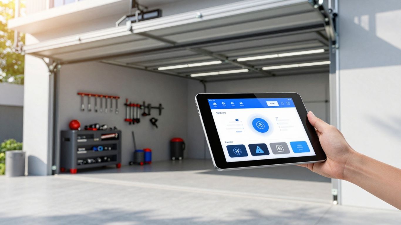 Modern garage with digital interface and open door.