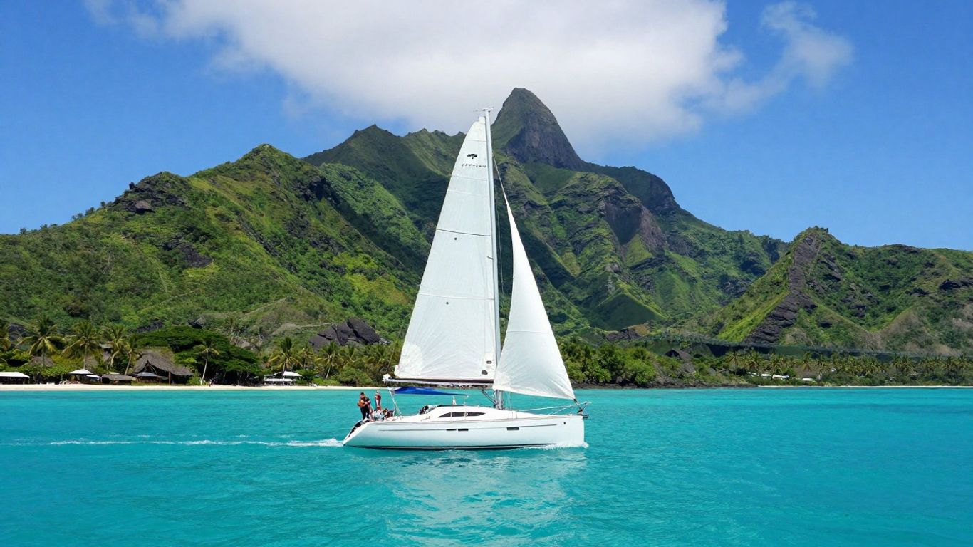 Sailboat sailing in turquoise Caribbean waters near Grenada.