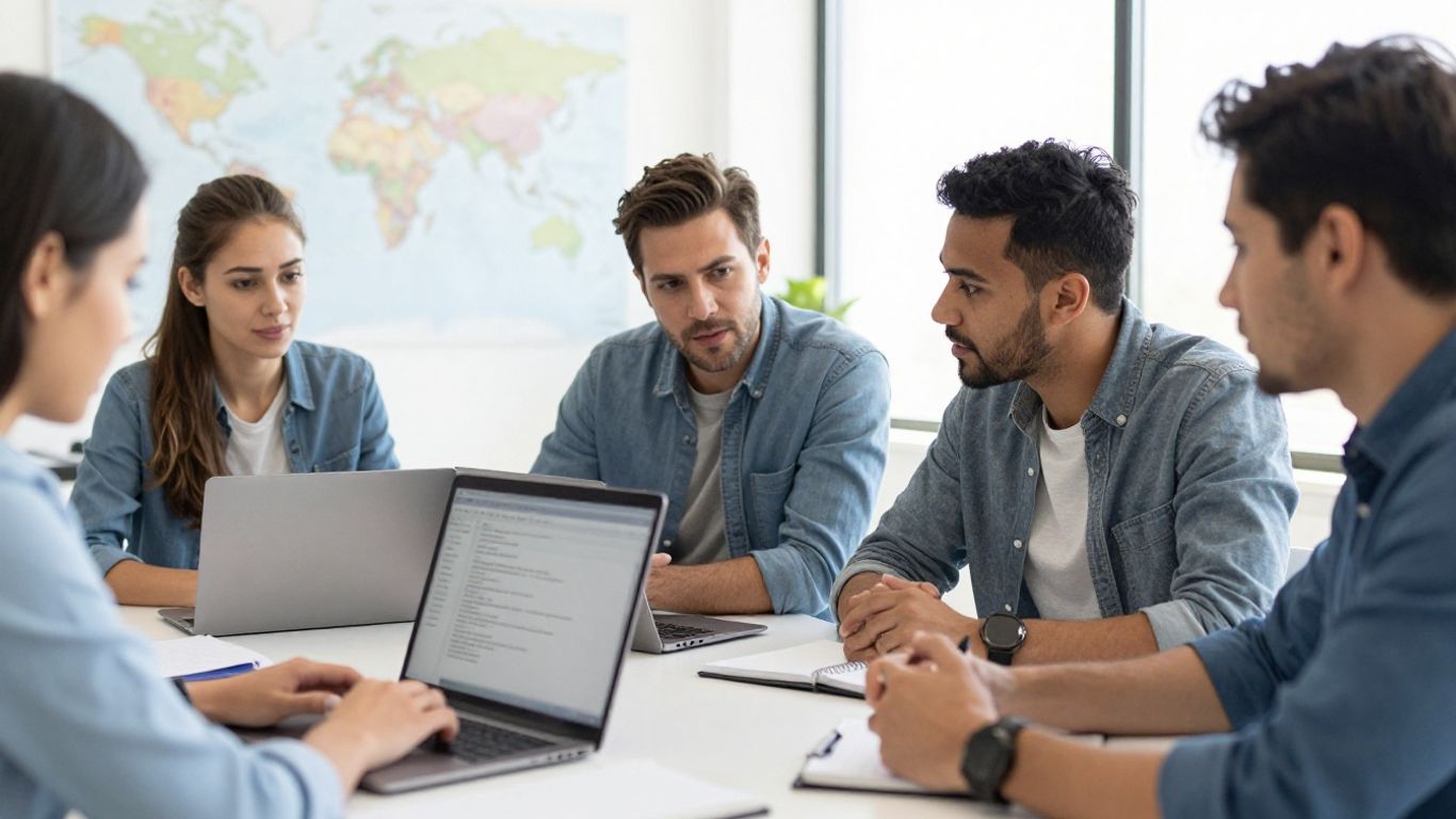 Learner completing cultural training beside global map
