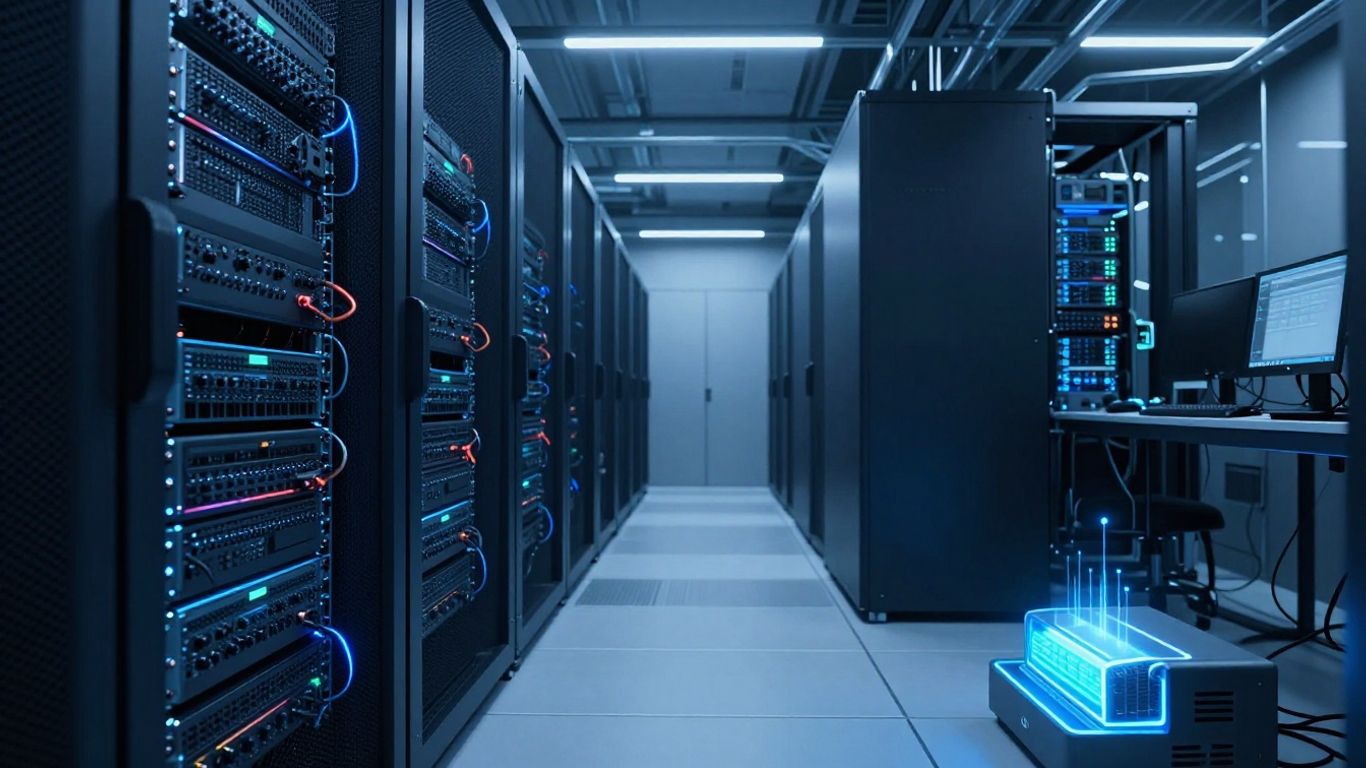 Data center with glowing microgrid backup power unit.