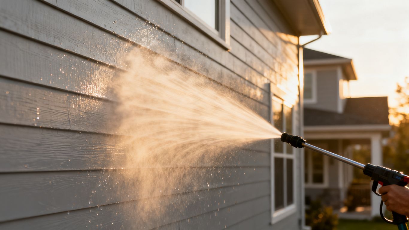 Testing equipment pressure settings on home siding of a suburban house