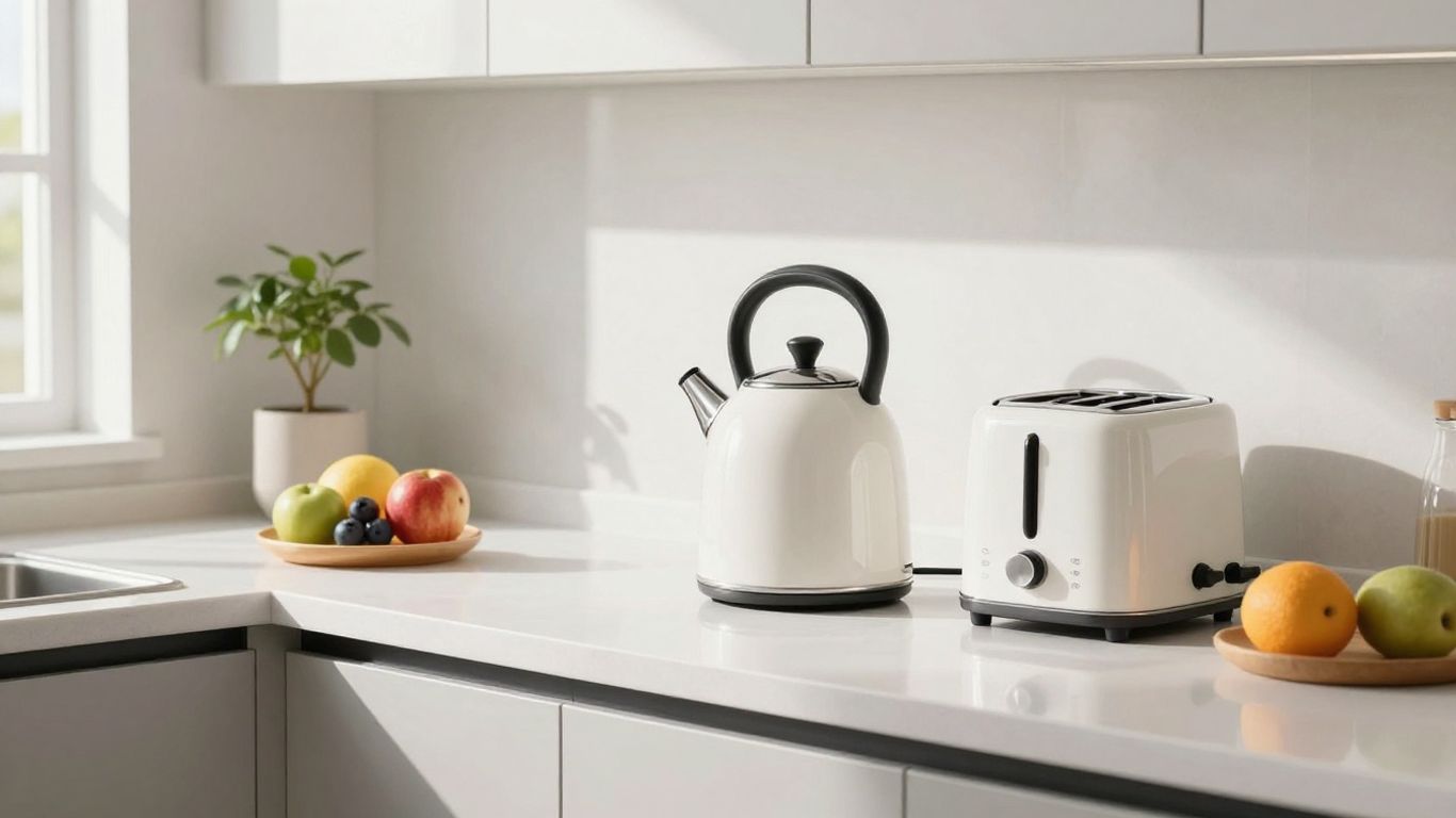 White kettle and toaster set on kitchen counter.