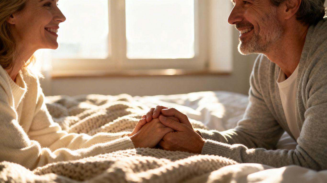 Happy couple snuggling together in a cozy bedroom