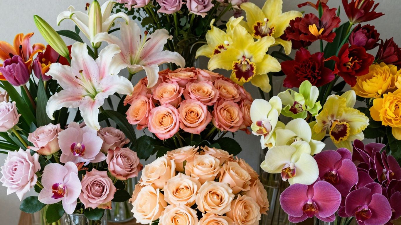 Anniversary flower bouquet with roses and other blooms.