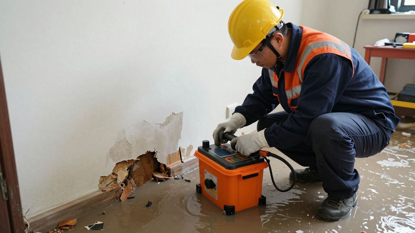 Water damage repair technician working in a flooded home.