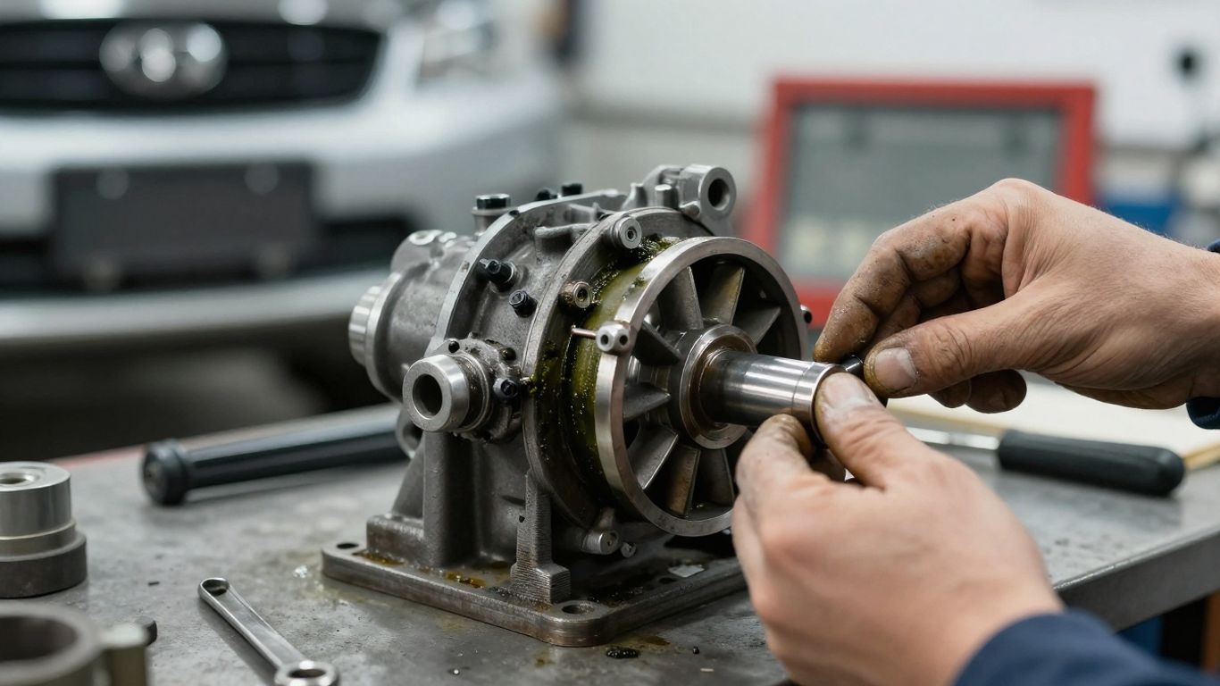 Technician inspecting used water pump bearing