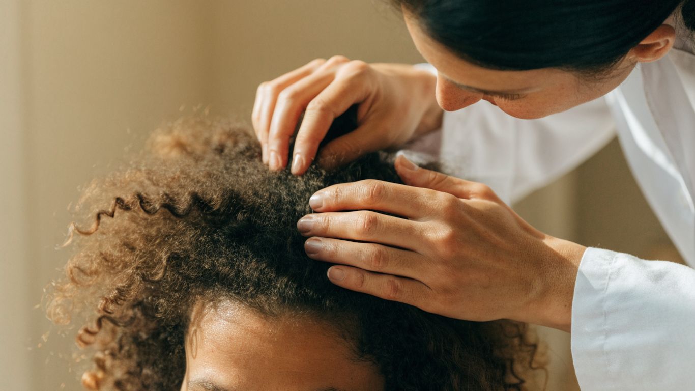 Dermatologist examining a curly-haired patient’s scalp