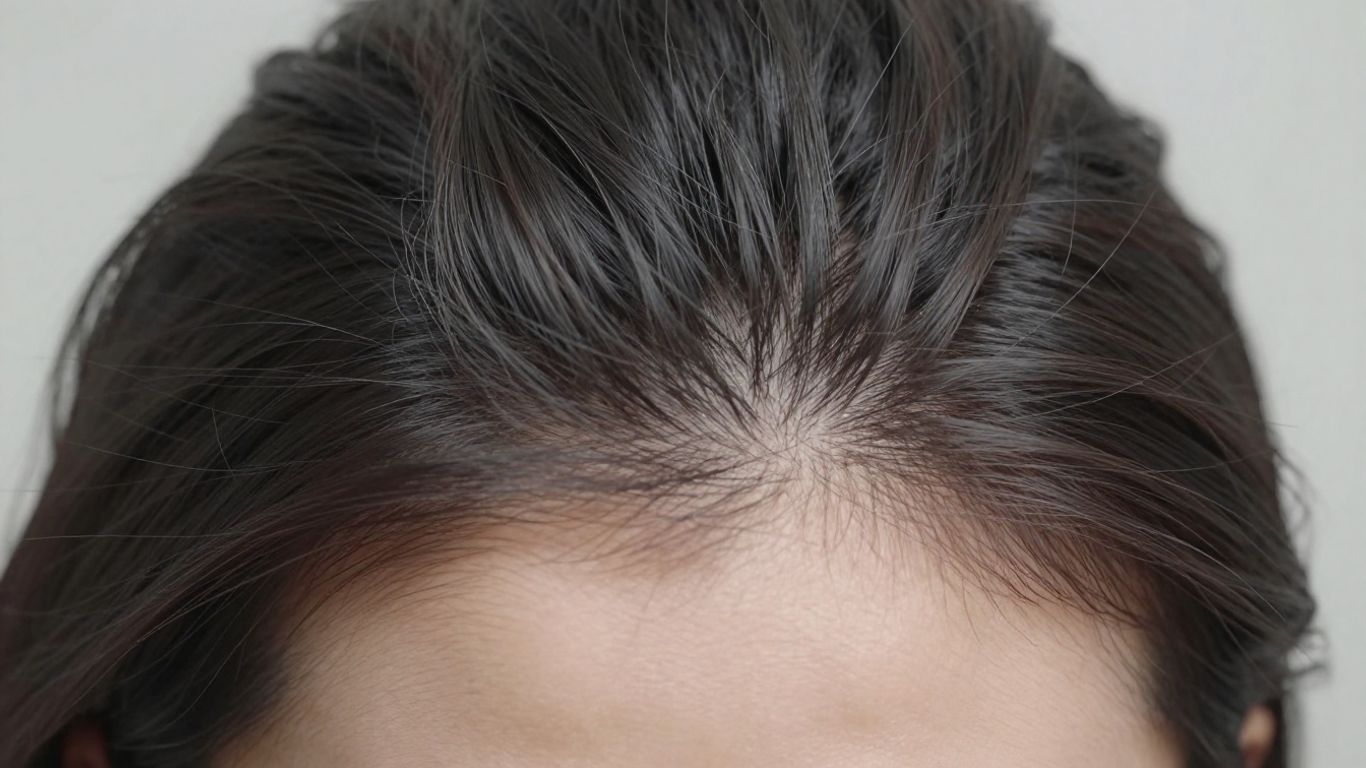 Woman's scalp with thinning hair, close-up photographic detail.