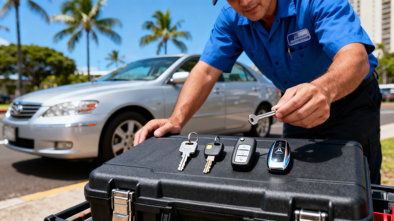 A technician comparing car keys beside a vehicle