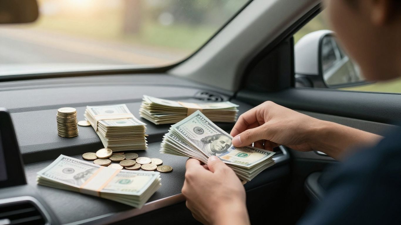 Person plant Autokauf mit Geld und neuem Auto.