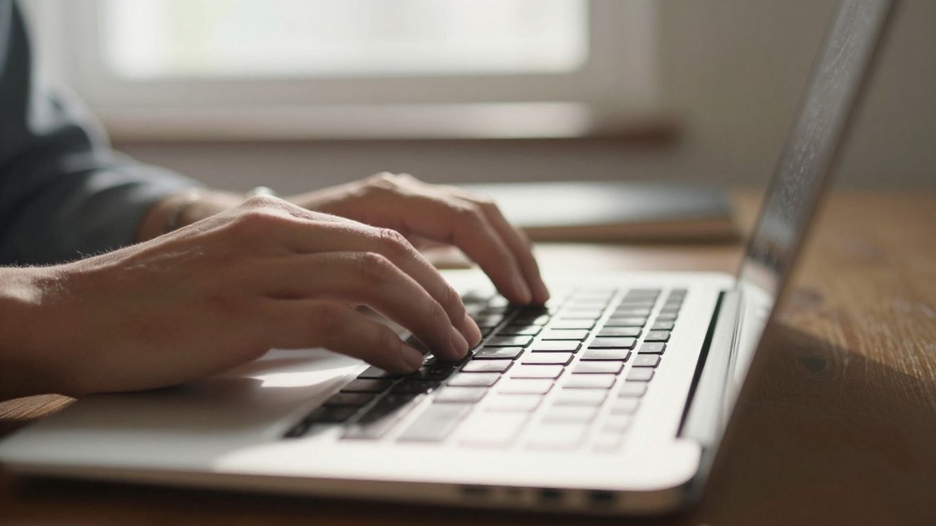 Hands typing on a laptop keyboard for affiliate marketing.