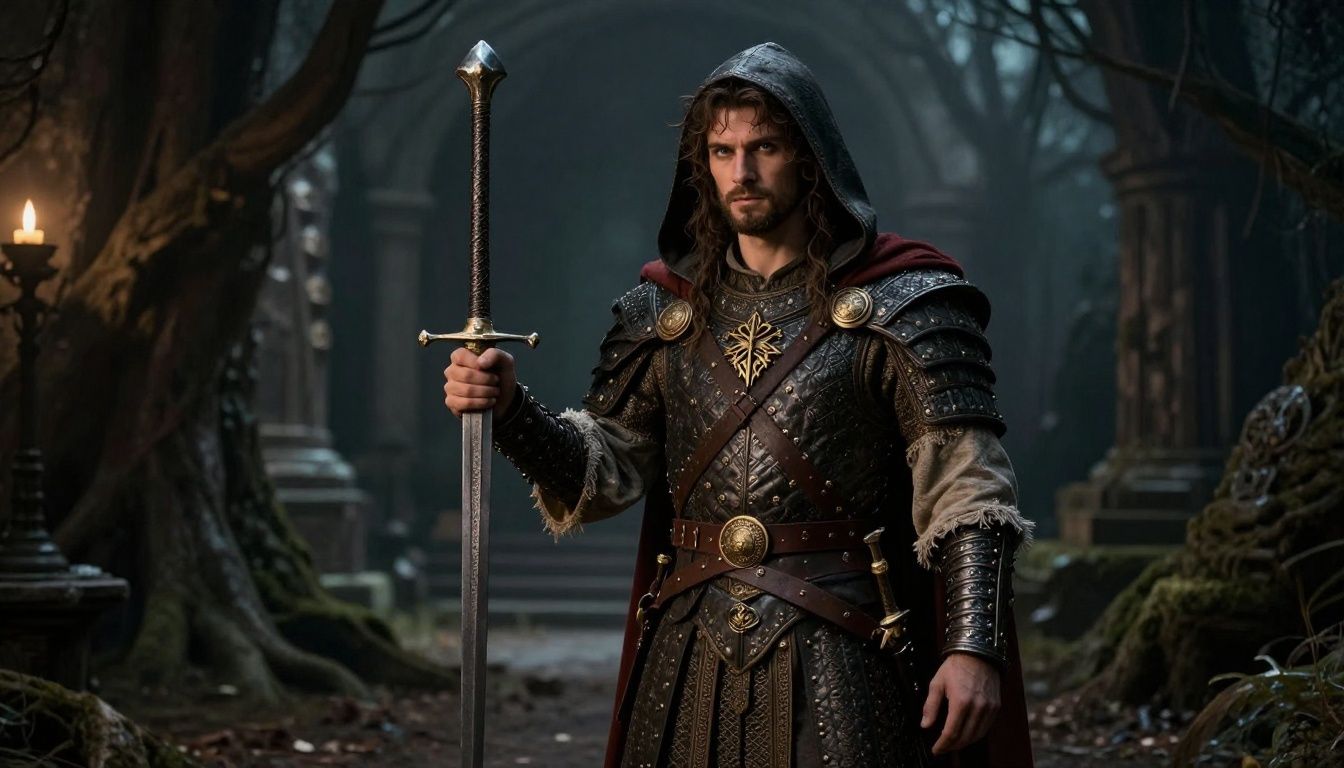 Um aventureiro equipado com armadura medieval e uma espada brilhante em uma paisagem épica de fantasia sombria