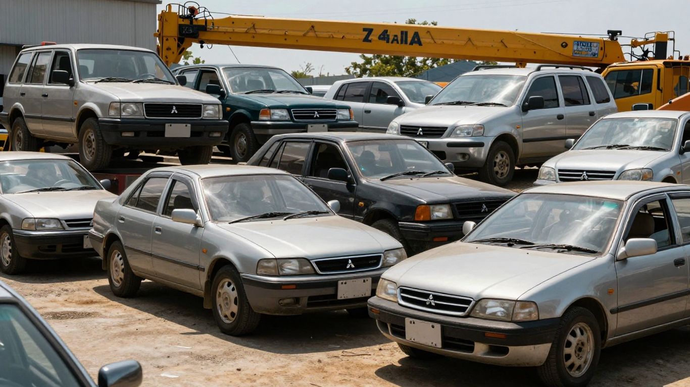 Mitsubishi cars in a wrecking yard.