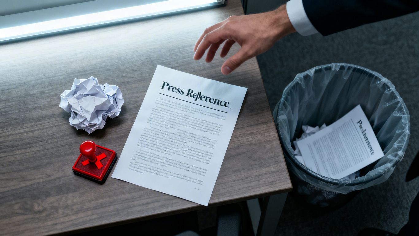 Crumpled press release and hand throwing one in trash.