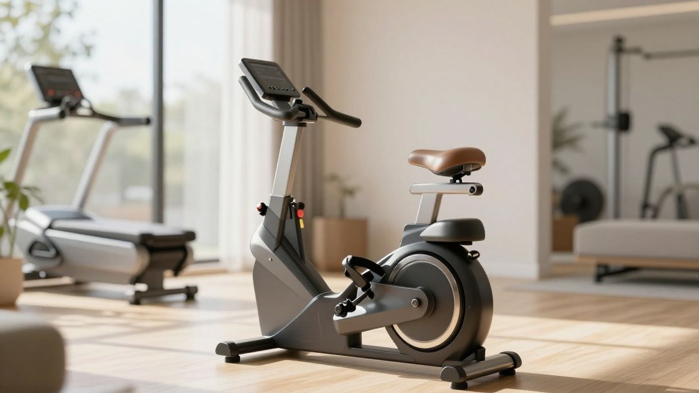 Modern upright exercise bike in a home gym.