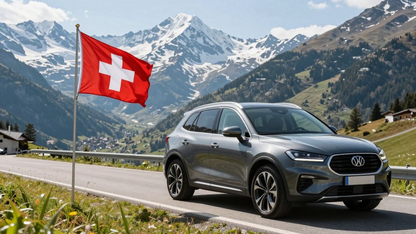 Schweizer Flagge neben Auto in den Bergen