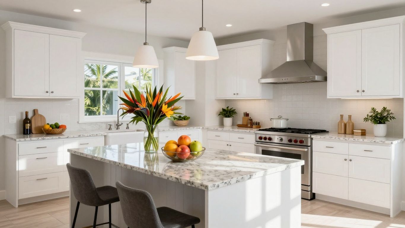 Modern Florida kitchen with island and tropical flowers.