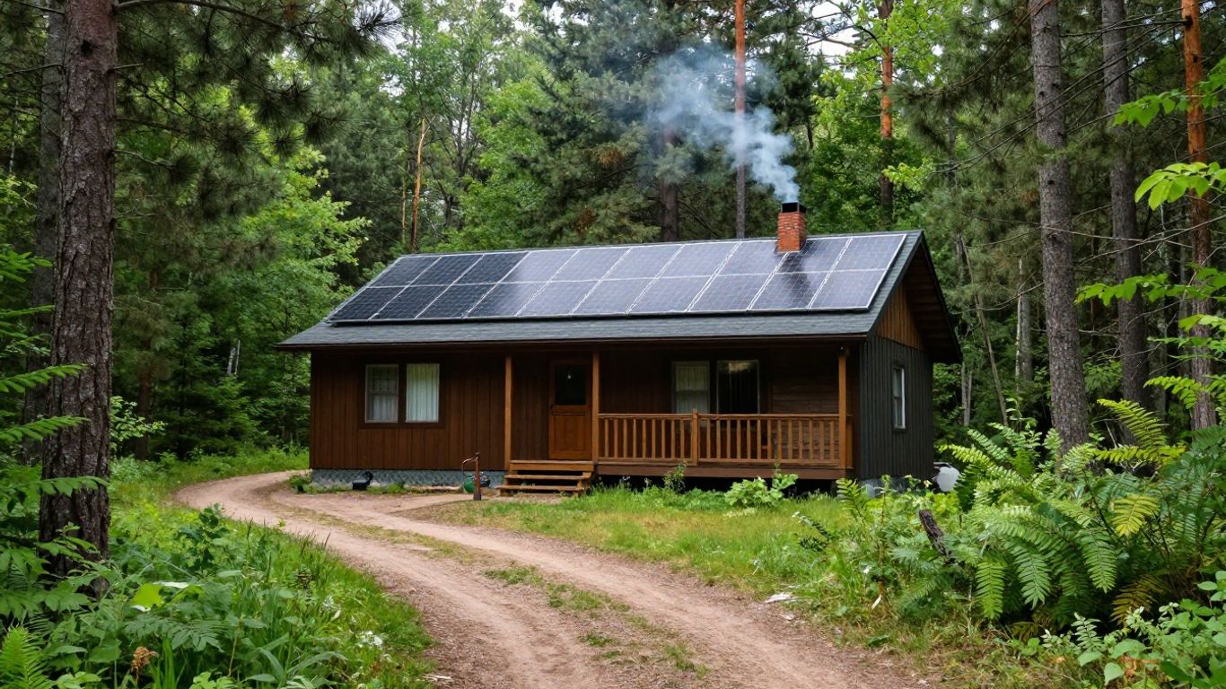 Minnesota off-grid cabin in a forest setting.