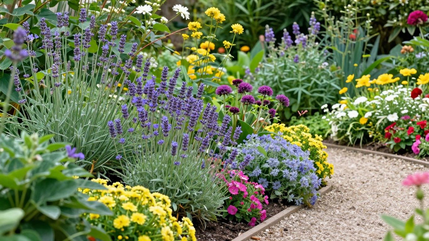 Pflegeleichter Garten mit bunten Blumen und grünen Pflanzen.