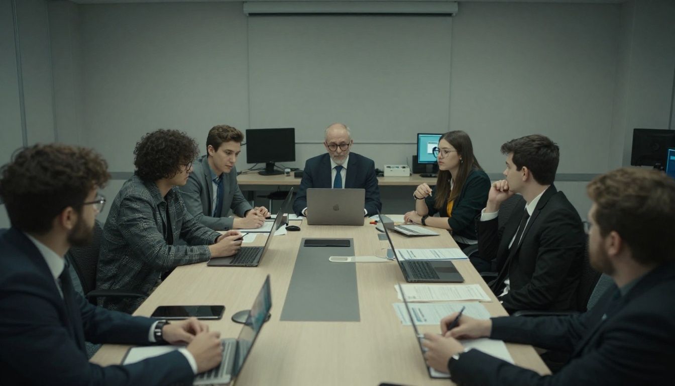 Investigação tensa em uma sala de reuniões de Among Us, com jogadores discutindo quem pode ser o impostor