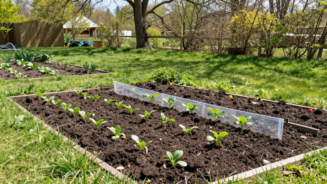 Hochbeet im Frühjahr mit Frühbeet-Aufsatz und Gemüsejungpflanzen