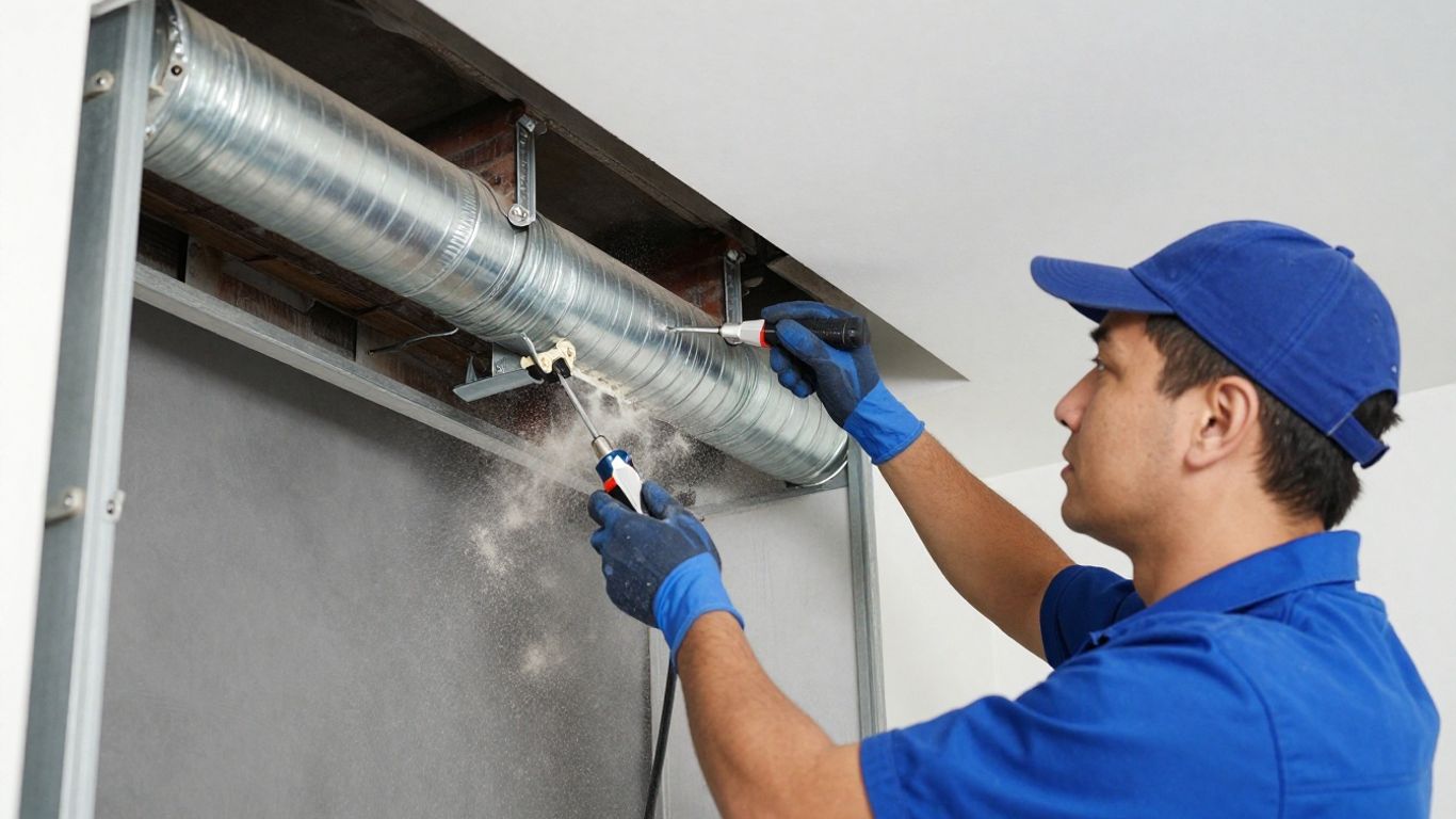 HVAC contractor cleaning air ducts with professional equipment.