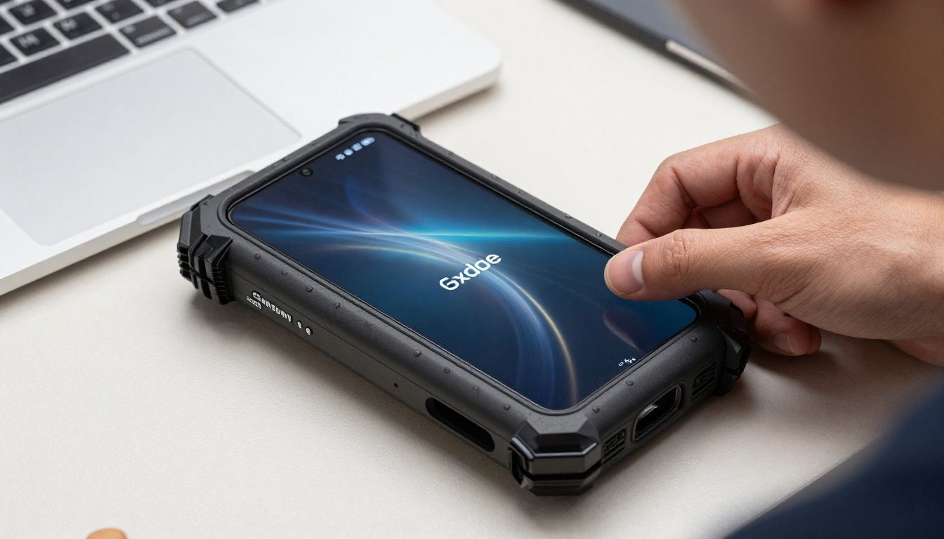 A person on a construction site in Australia checking their Samsung Galaxy S25 Edge, which is protected by a sturdy, heavy-duty case.